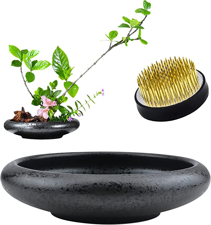 CRAFFANCY Flower Arrangement Supplies, Deep Round Pottery Ikebana Flower Vase with 5cm Kenzan Flower
