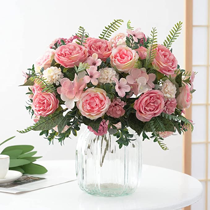 Artificial Flowers,Bcshiye 4 Bunches Faux Peonies Silk and Hydrangea Bouquet Flower Arrangement