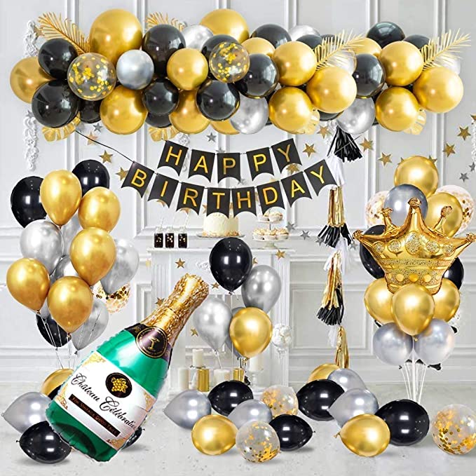 Luxury Birthday Party Decorations with Happy Birthday Banner in Gold Metallic
