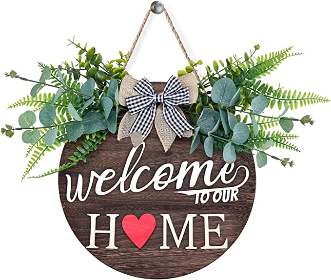 Welcome Sign for Front Door Decoration with Greenery and Bow -Wooden Home Sign
