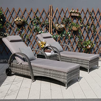 Rattan Lounge Chair Set 3-Piece Outdoor Furniture Wicker Set